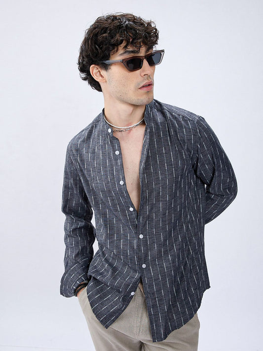 Horizon Linen Look Striped Casual Men's Shirt - Charcoal