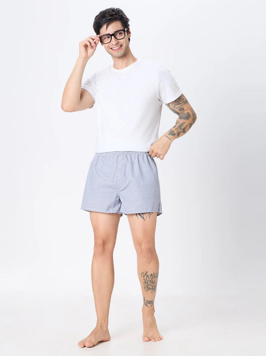 Wink 2 Pc Elasticated Cotton Men's Boxer Shorts - Blue Check & White Striped