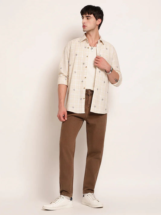 Tulum Tartan Check Embroidered Casual Men's Shirt - Beige