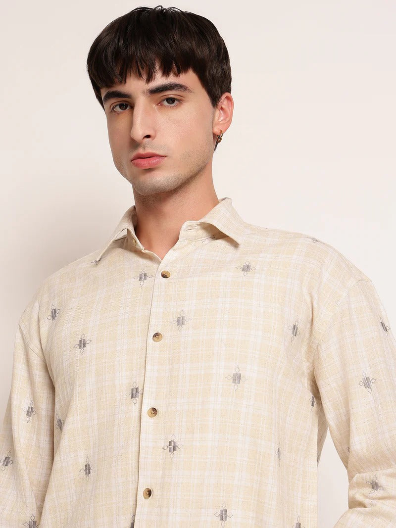 Tulum Tartan Check Embroidered Casual Men's Shirt - Beige