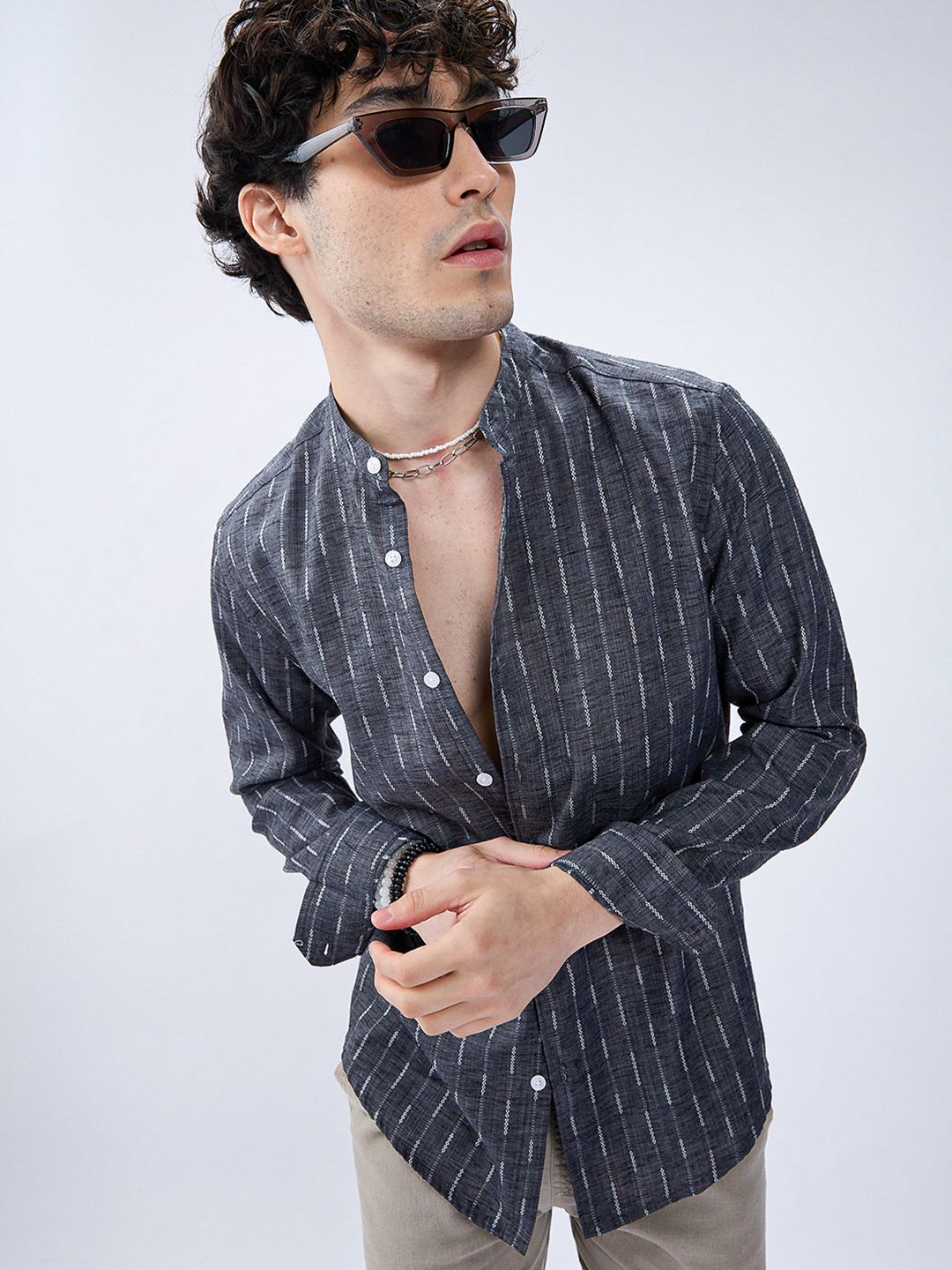 Horizon Linen Look Striped Casual Men's Shirt - Charcoal
