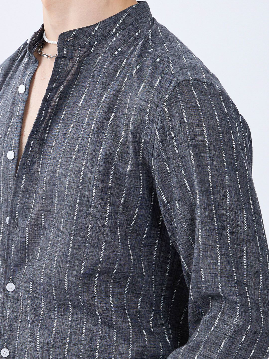 Horizon Linen Look Striped Casual Men's Shirt - Charcoal