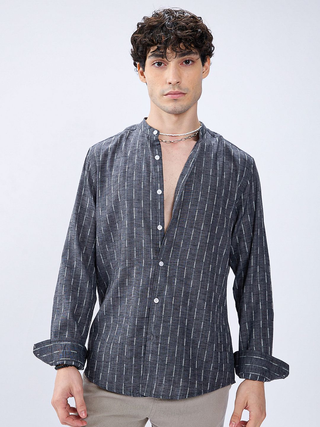 Horizon Linen Look Striped Casual Men's Shirt - Charcoal
