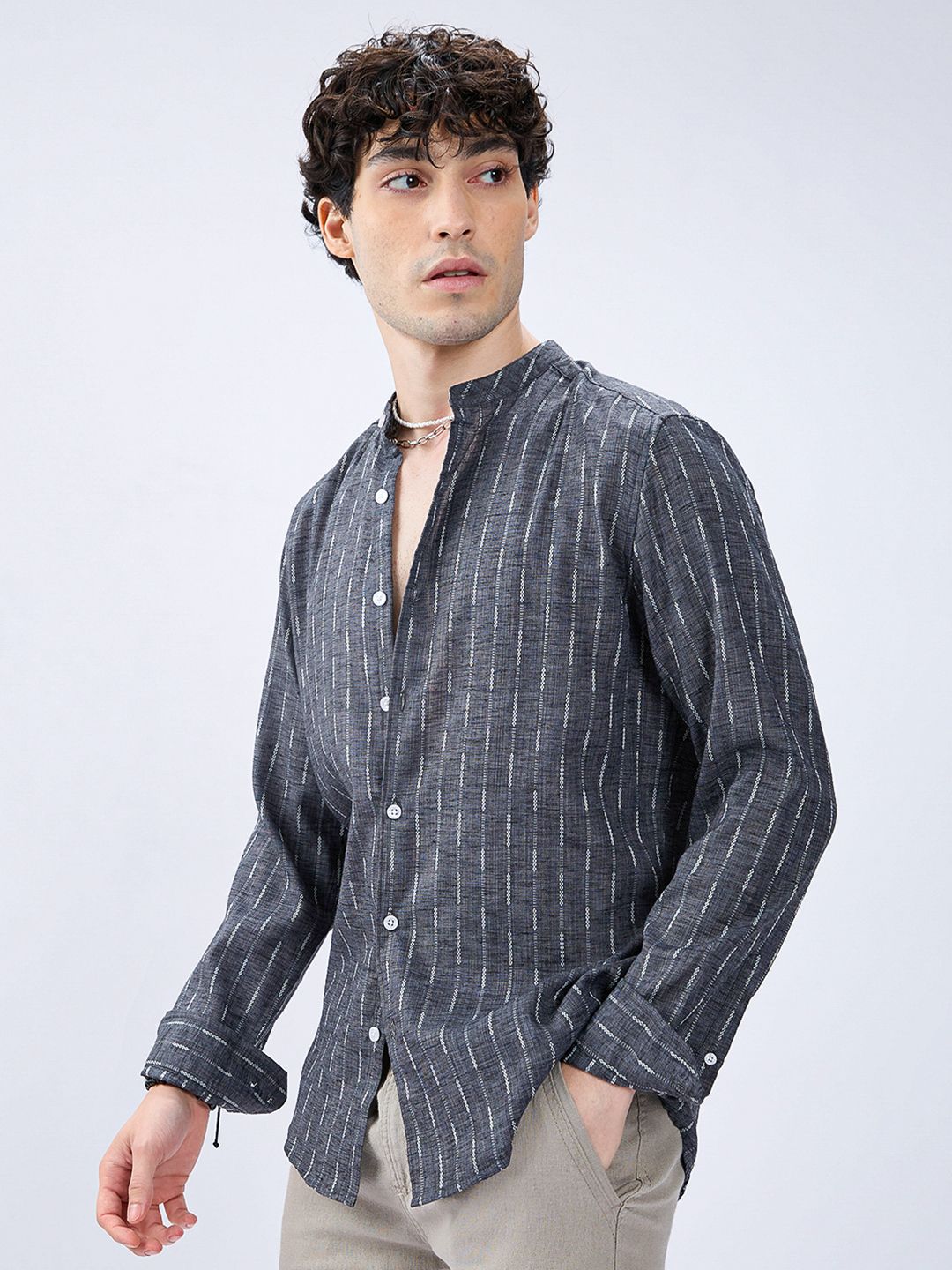 Horizon Linen Look Striped Casual Men's Shirt - Charcoal