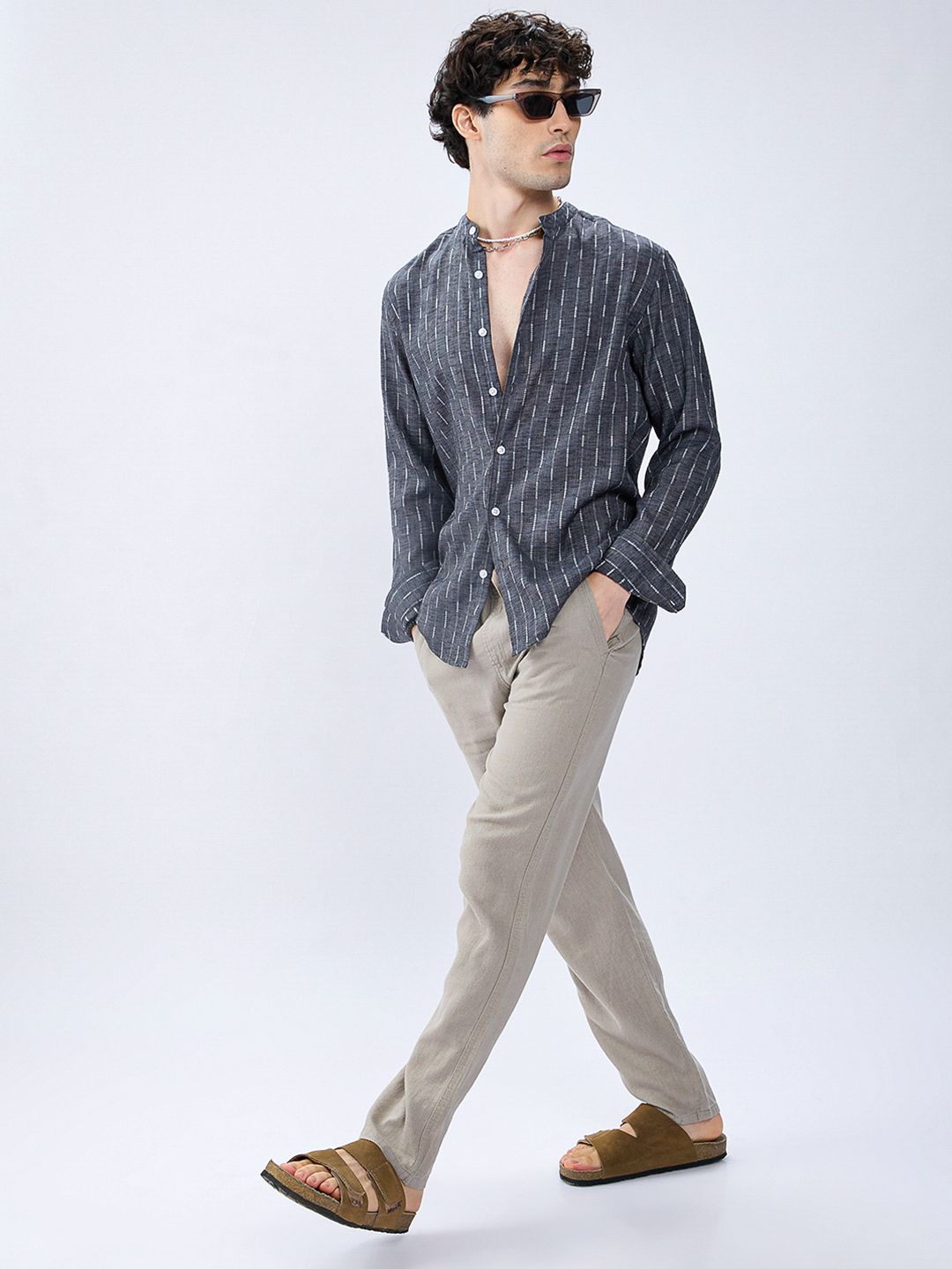 Horizon Linen Look Striped Casual Men's Shirt - Charcoal