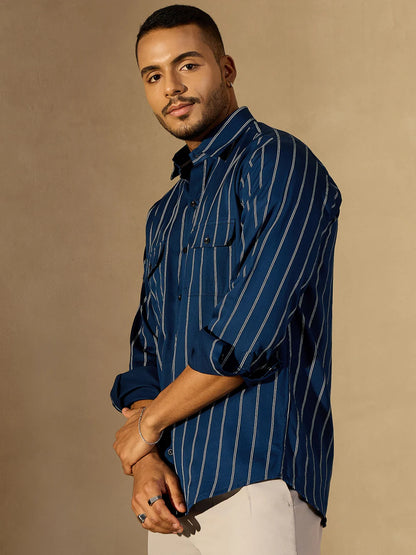 Adoni Striped Relaxed Fit Everyday Men's Shirt - Blue & Light Blue