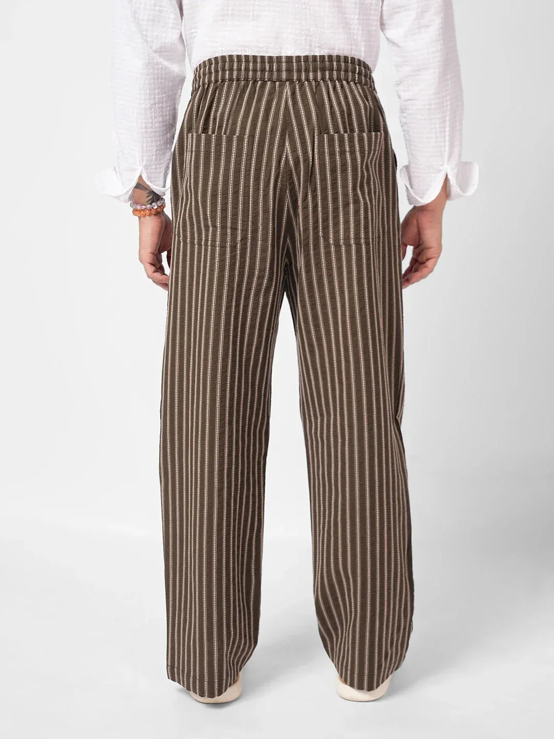 Jaunt Artisan Fine Embroidered Seersucker Straight Fit Casual Pants - Brown