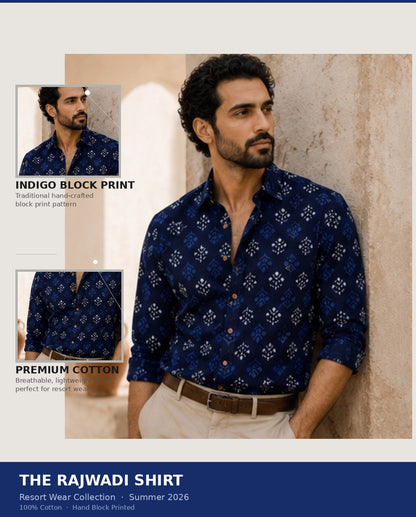 Rajwadi Block Print Indigo Men's Shirt - Blue