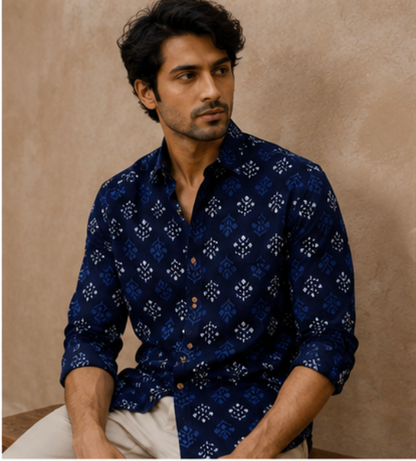 Rajwadi Block Print Indigo Men's Shirt - Blue