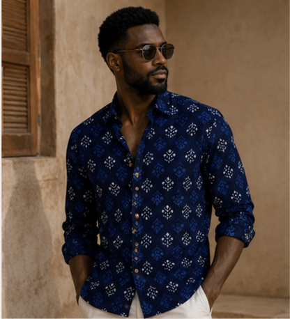 Rajwadi Block Print Indigo Men's Shirt - Blue
