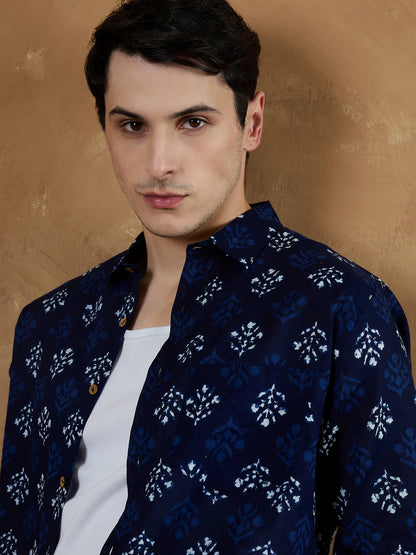 Rajwadi Block Print Indigo Men's Shirt - Blue