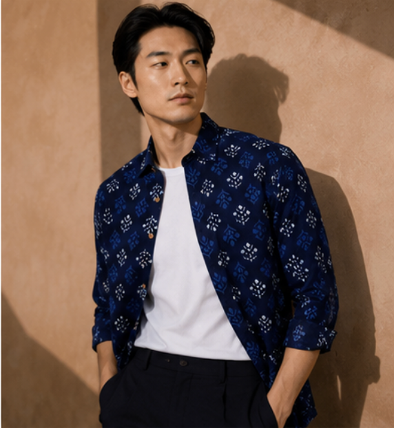 Rajwadi Block Print Indigo Men's Shirt - Blue
