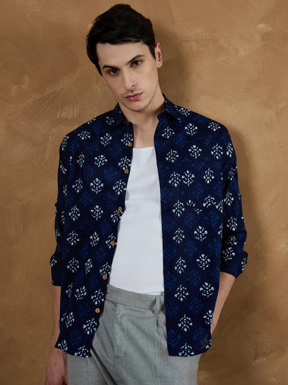 Rajwadi Block Print Indigo Men's Shirt - Blue