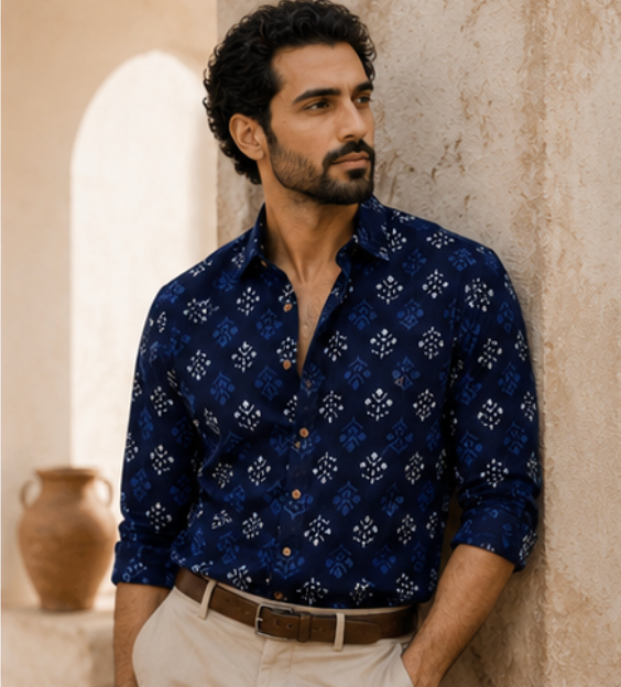 Rajwadi Block Print Indigo Men's Shirt - Blue