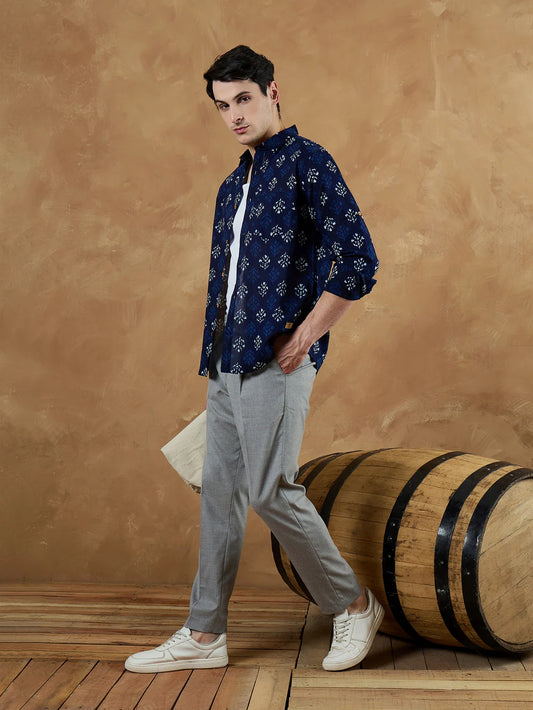 Rajwadi Block Print Indigo Men's Shirt - Blue