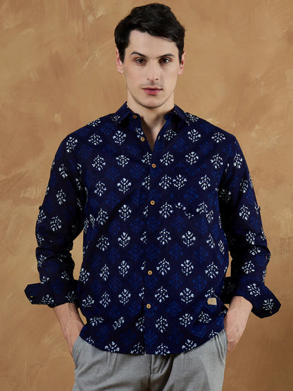 Rajwadi Block Print Indigo Men's Shirt - Blue