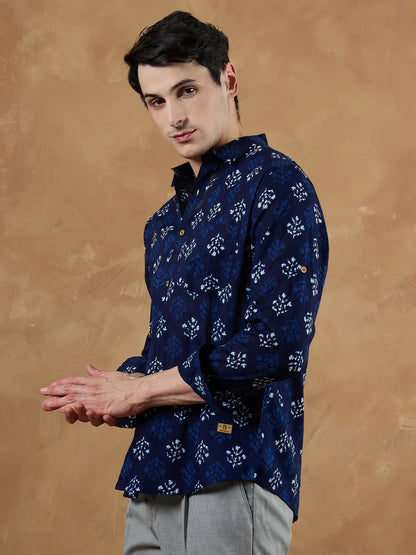 Rajwadi Block Print Indigo Men's Shirt - Blue