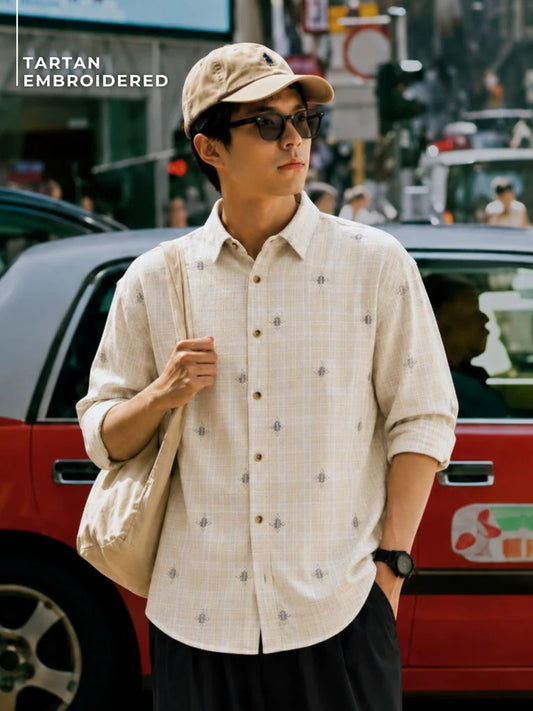 Tulum Tartan Check Embroidered Casual Men's Shirt - Beige