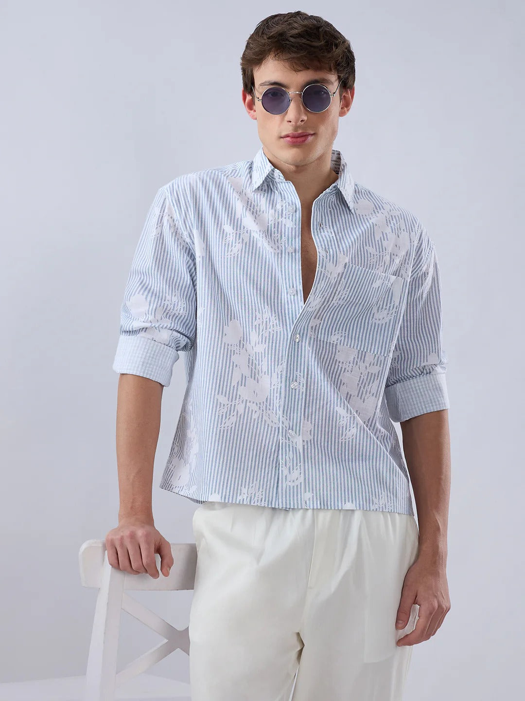 Palmera Modern Cotton Floral Boxy Fit Crop Shirt - Blue & Brown