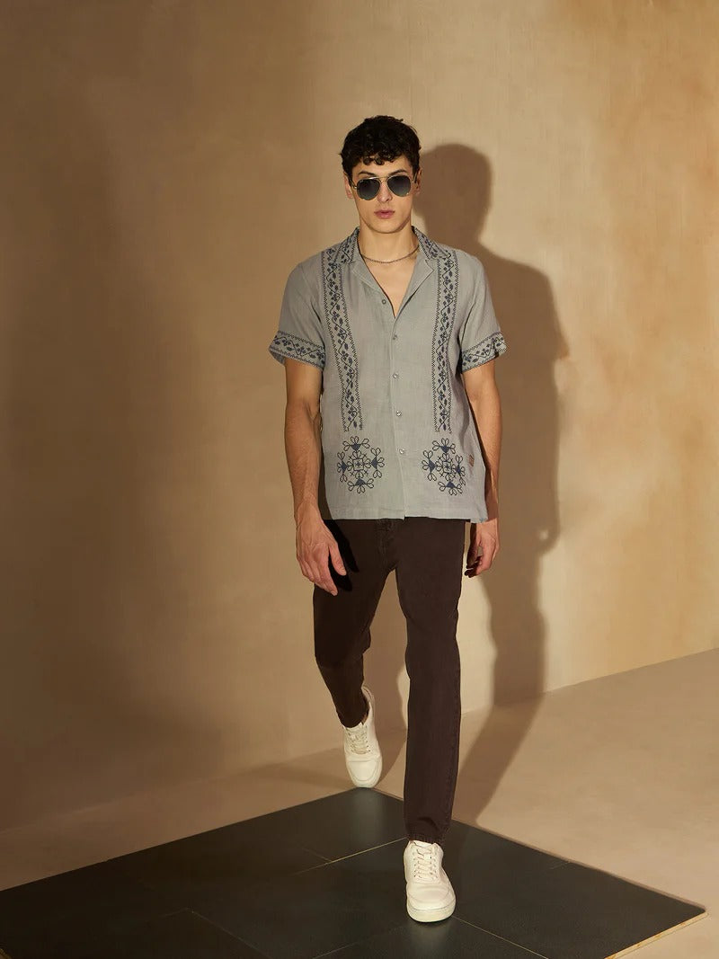 Capri Short Sleeve Embroidered Casual Men's Shirt - Multiple Colors Available
