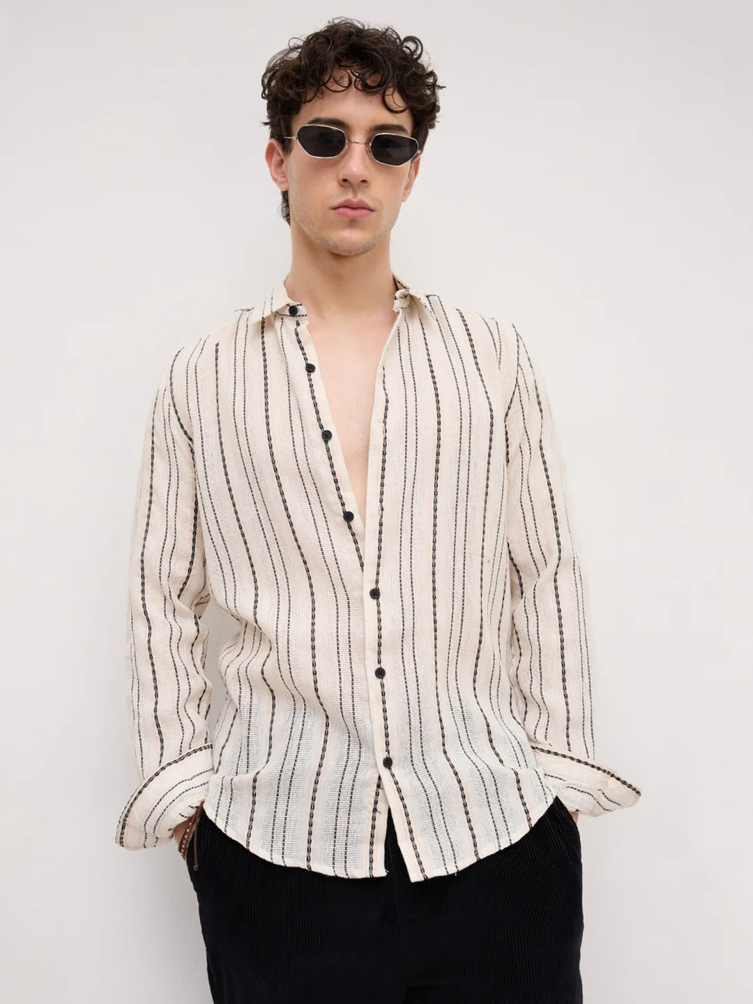 Sardinia Burlap Cotton Striped Dobby Shirt - Ivory