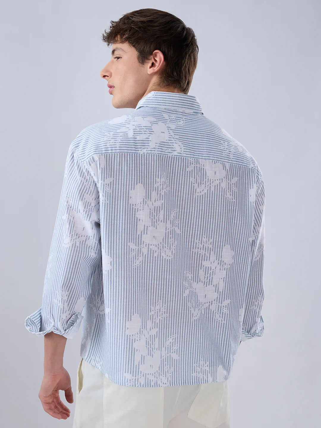 Palmera Modern Cotton Floral Boxy Fit Crop Shirt - Blue & Brown
