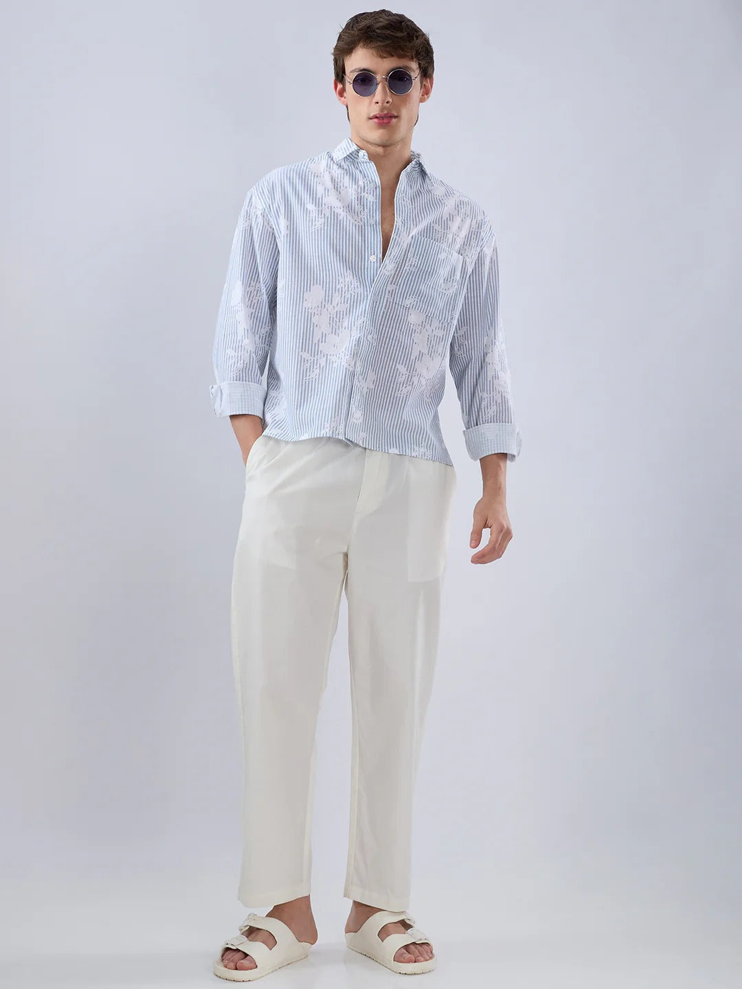 Palmera Modern Cotton Floral Boxy Fit Crop Shirt - Blue & Brown