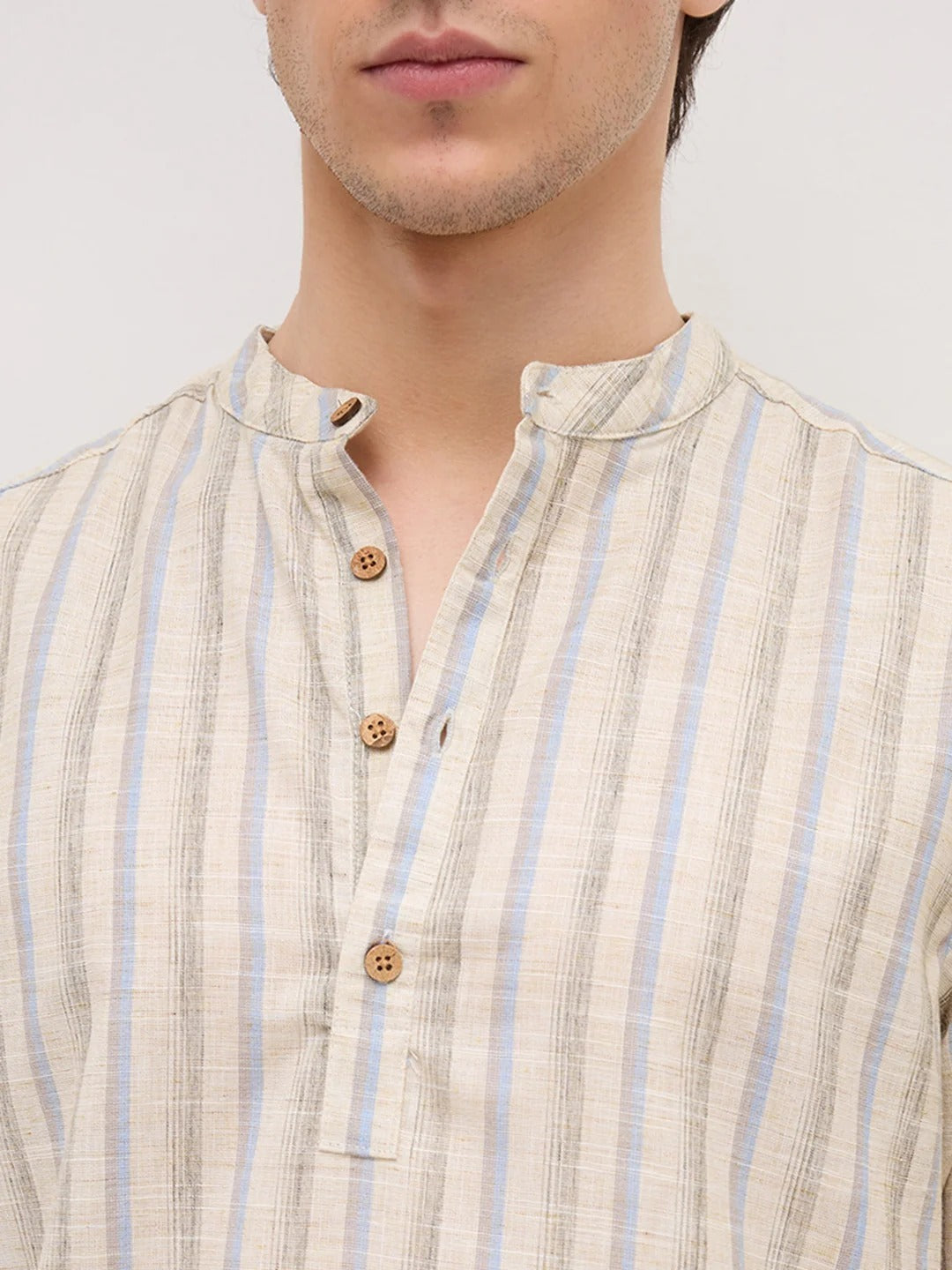 Stone Handloom Henley Style Striped Shirt - Beige