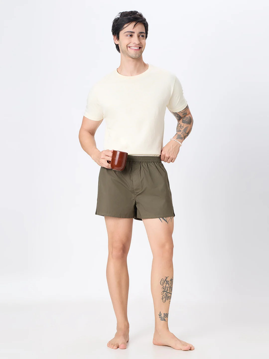 Commando 2 Pc Elasticated Cotton Men's Boxer Shorts - Olive Green & Beige
