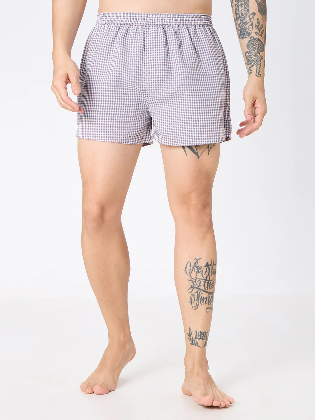 Swagger 2 Pc Elasticated Cotton Men's Boxer Shorts - Blue Stripe & Brown Check