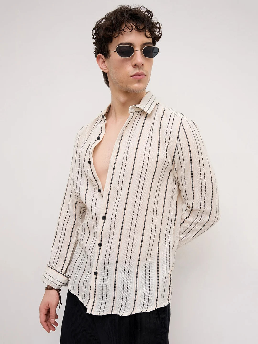 Sardinia Burlap Cotton Striped Dobby Shirt - Ivory