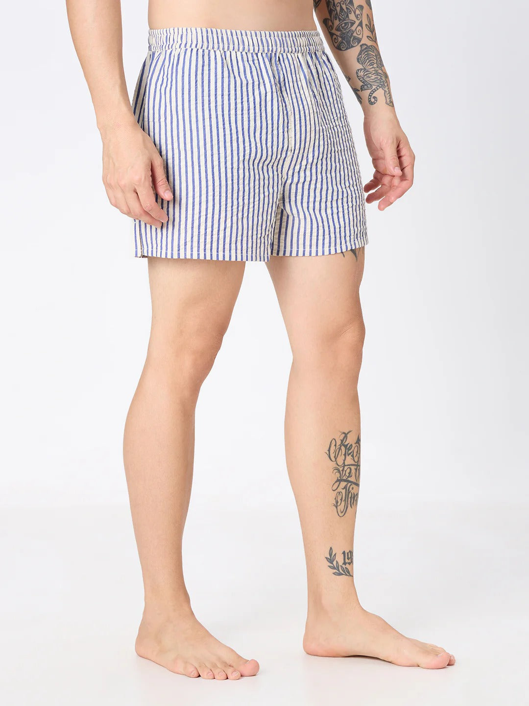 Swagger 2 Pc Elasticated Cotton Men's Boxer Shorts - Blue Stripe & Brown Check