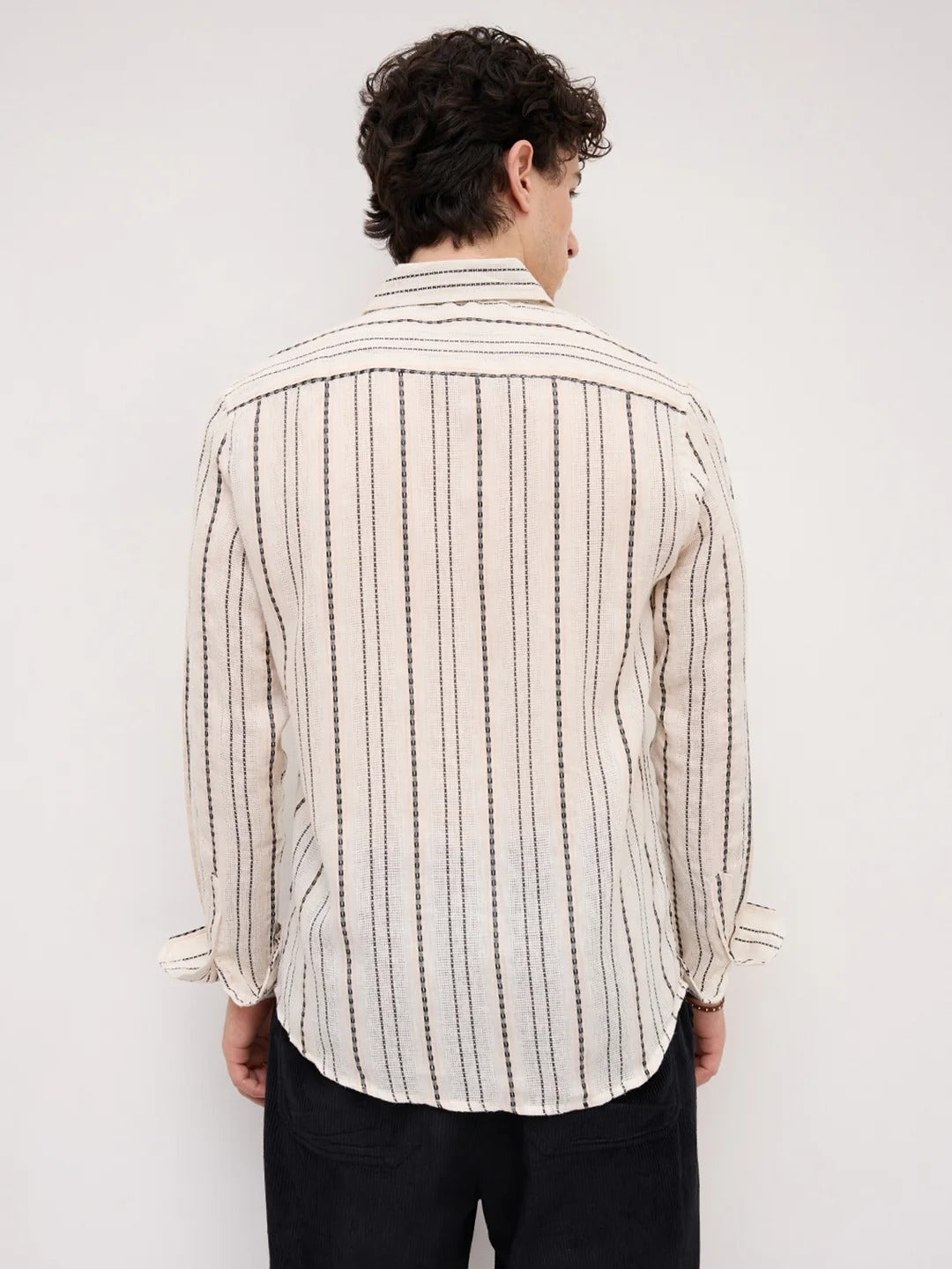 Sardinia Burlap Cotton Striped Dobby Shirt - Ivory