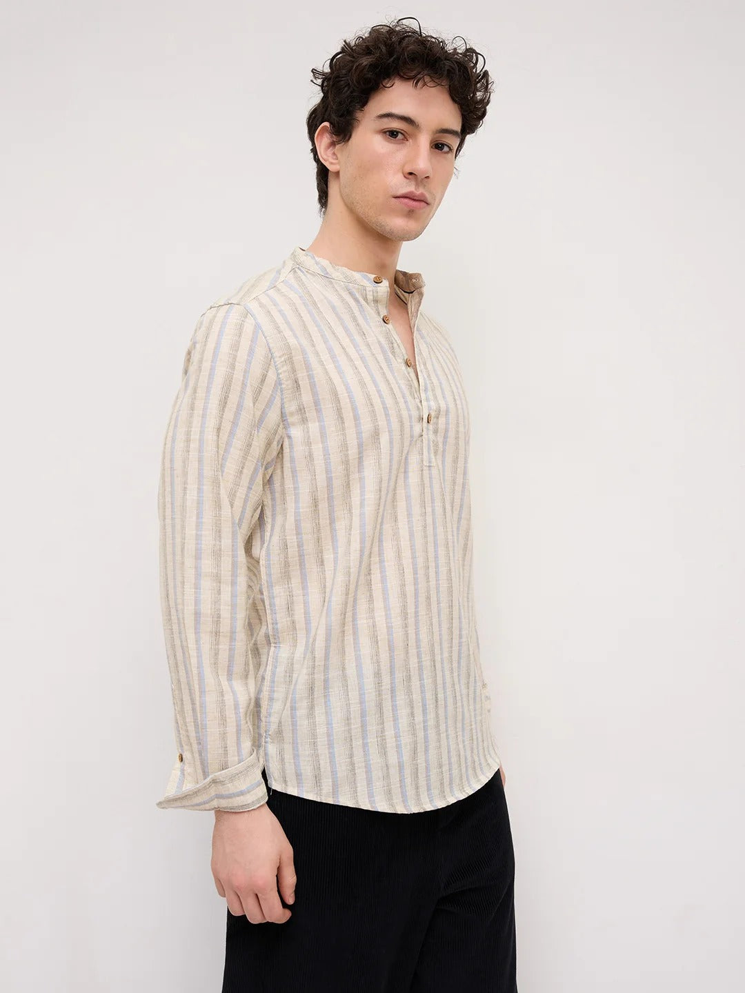 Stone Handloom Henley Style Striped Shirt - Beige