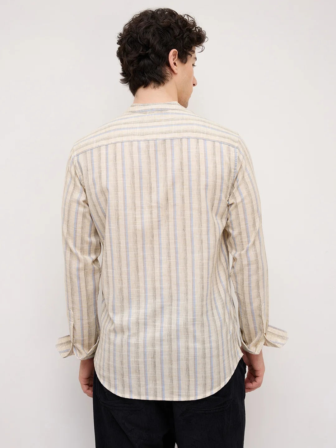 Stone Handloom Henley Style Striped Shirt - Beige