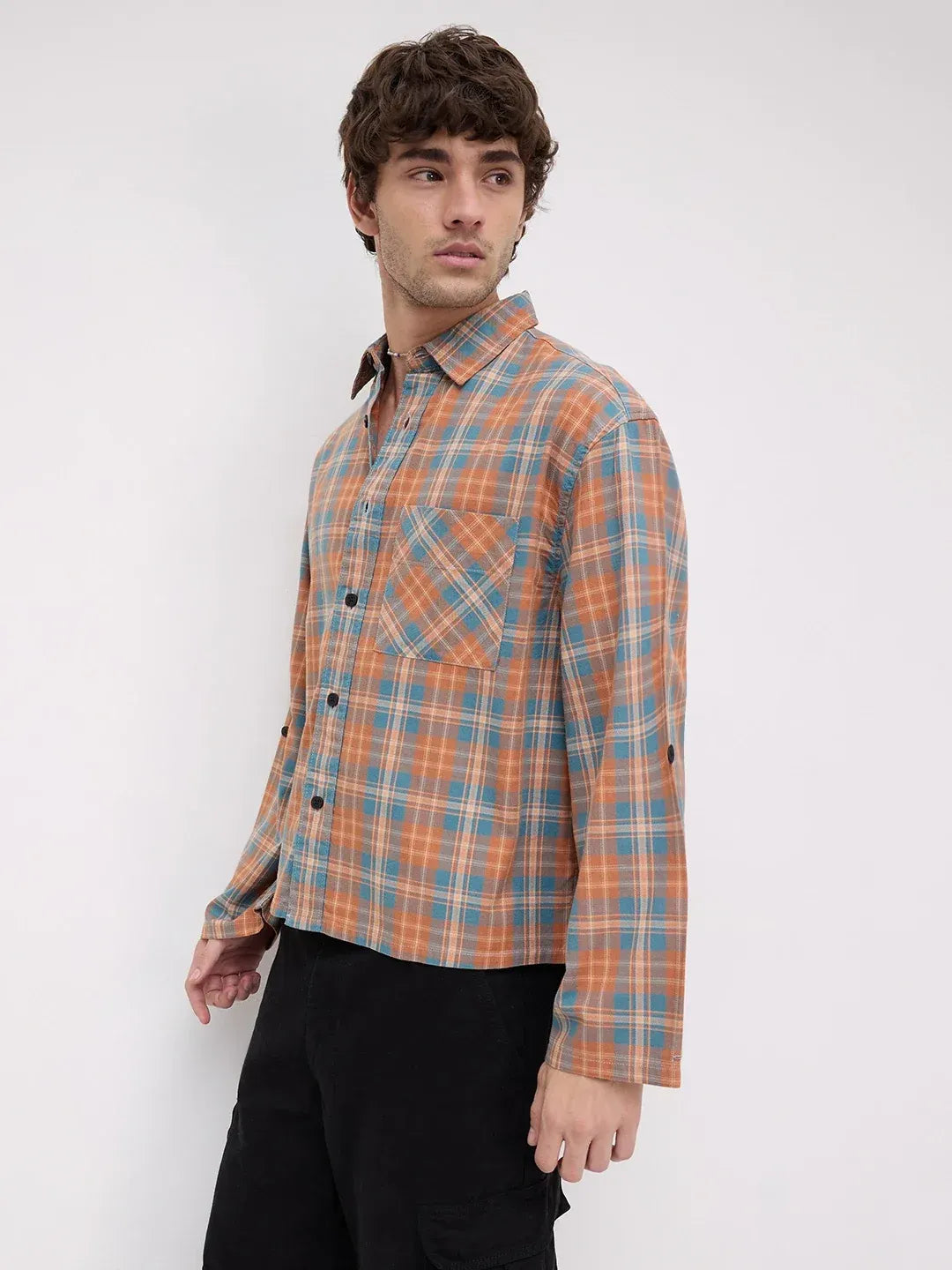 Positano Cotton Plaid Trendy Crop Fit Shirt - Orange/Blue
