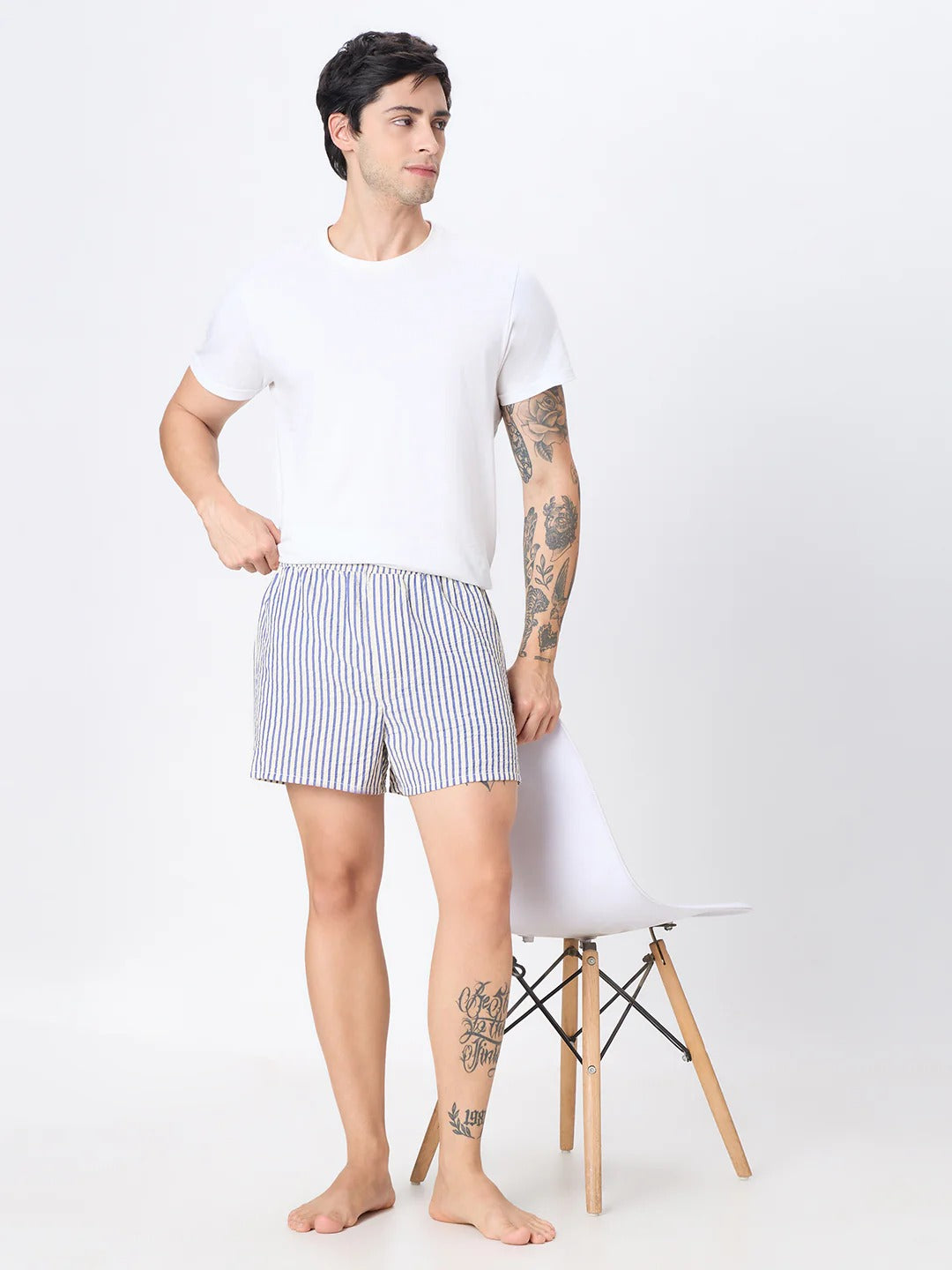 Swagger 2 Pc Elasticated Cotton Men's Boxer Shorts - Blue Stripe & Brown Check
