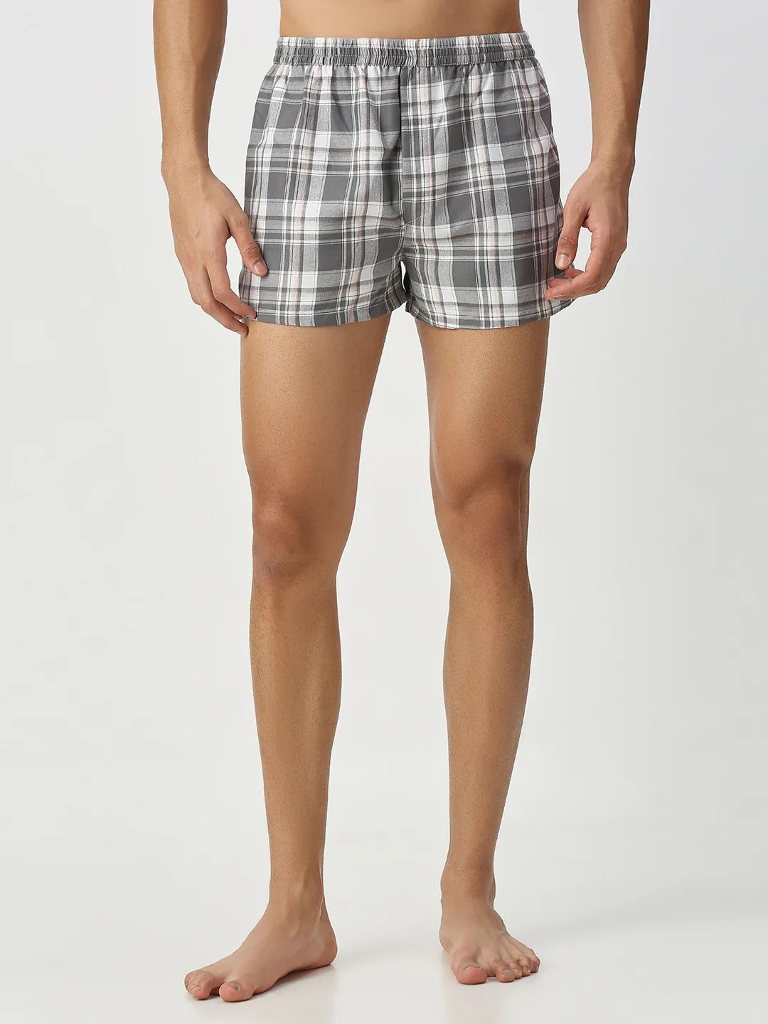 Roam 2 Pc Elasticated Cotton Men's Boxer Shorts - Grey & Khakhi Check