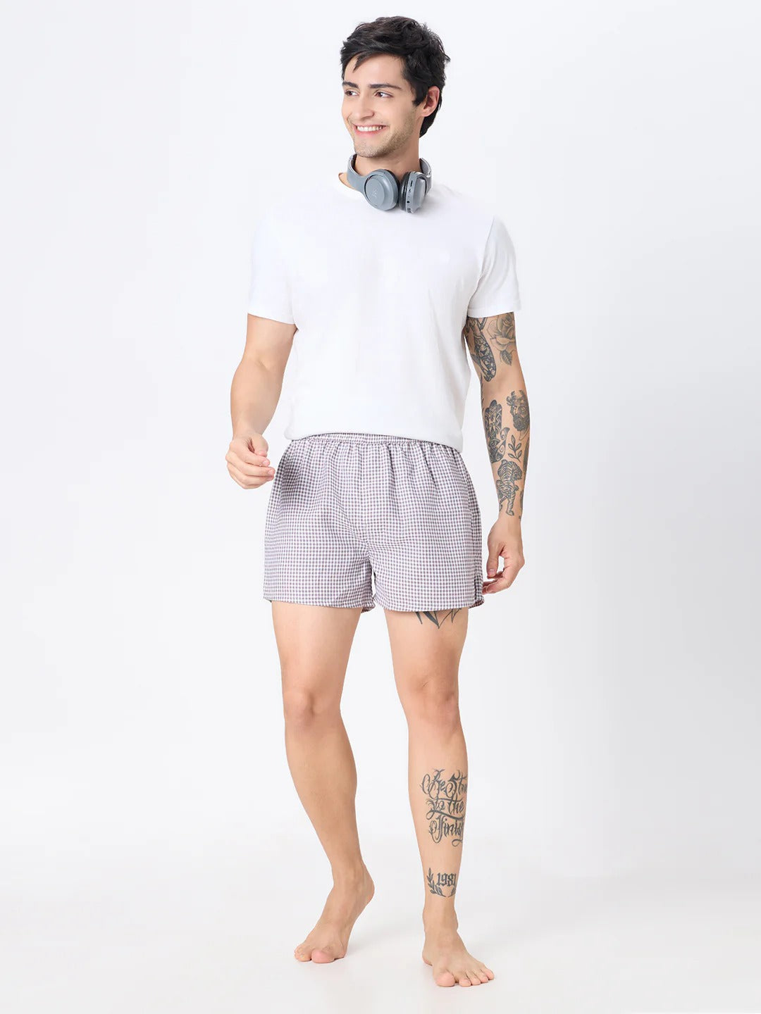 Swagger 2 Pc Elasticated Cotton Men's Boxer Shorts - Blue Stripe & Brown Check