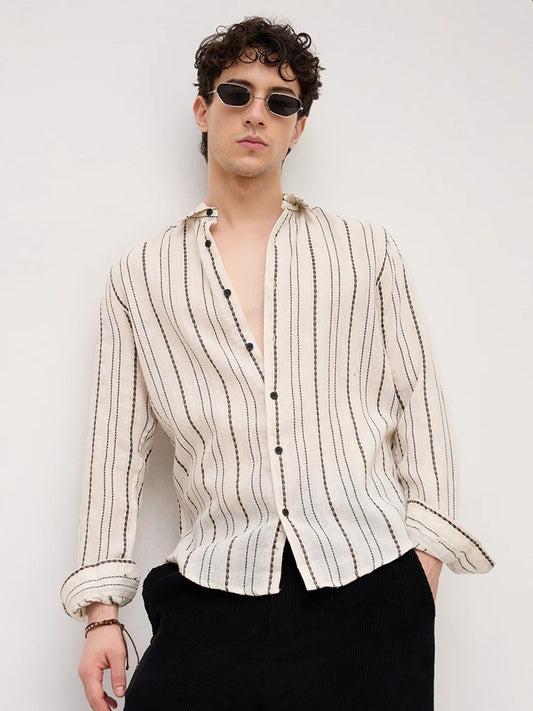 Sardinia Burlap Cotton Striped Dobby Shirt - Ivory