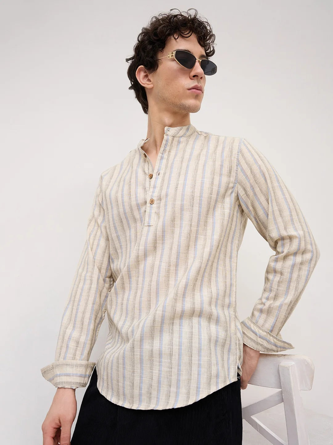 Stone Handloom Henley Style Striped Shirt - Beige