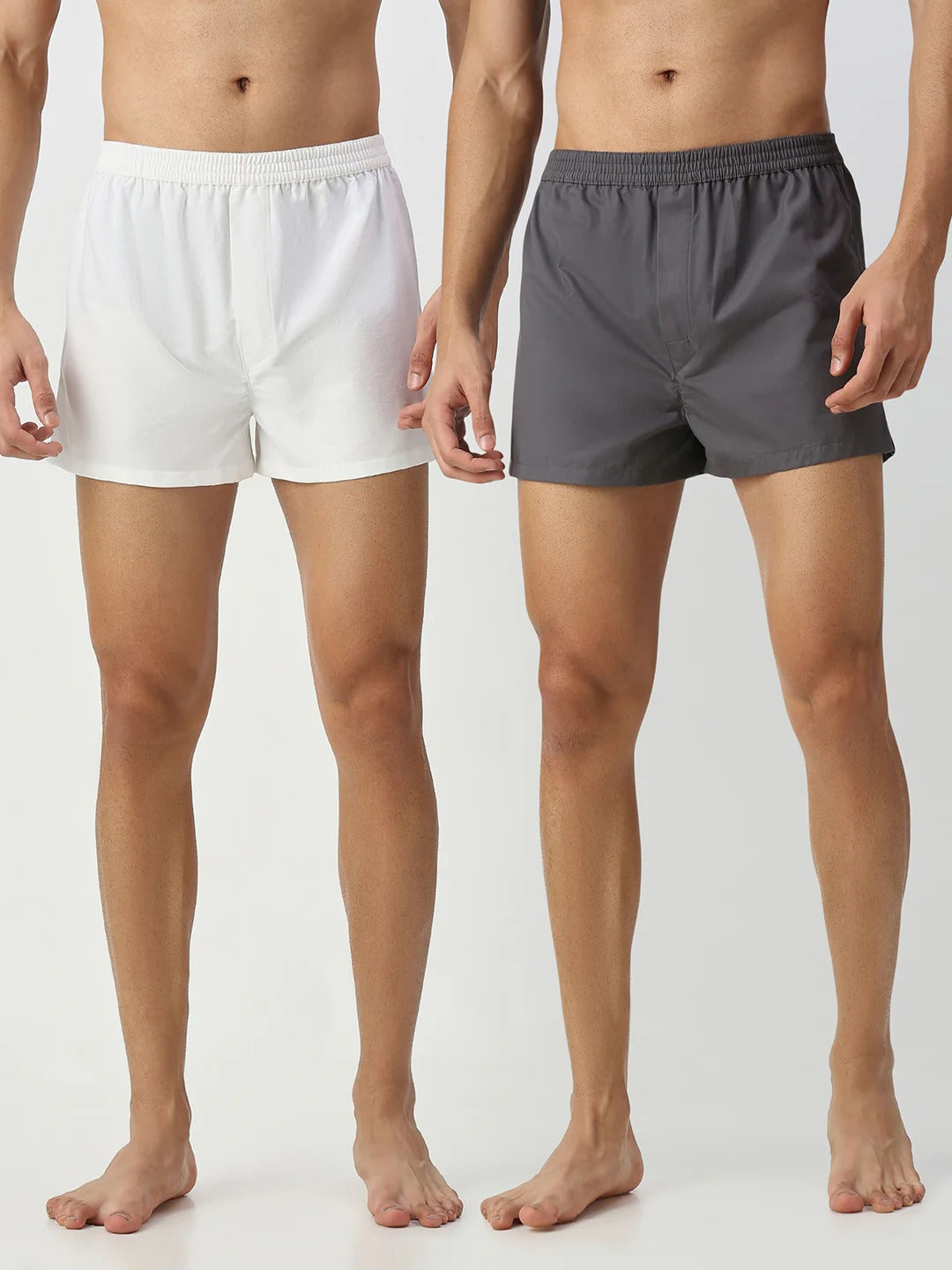 Airborne 2 Pc Elasticated Cotton Men's Boxer Shorts - White & Grey Solid