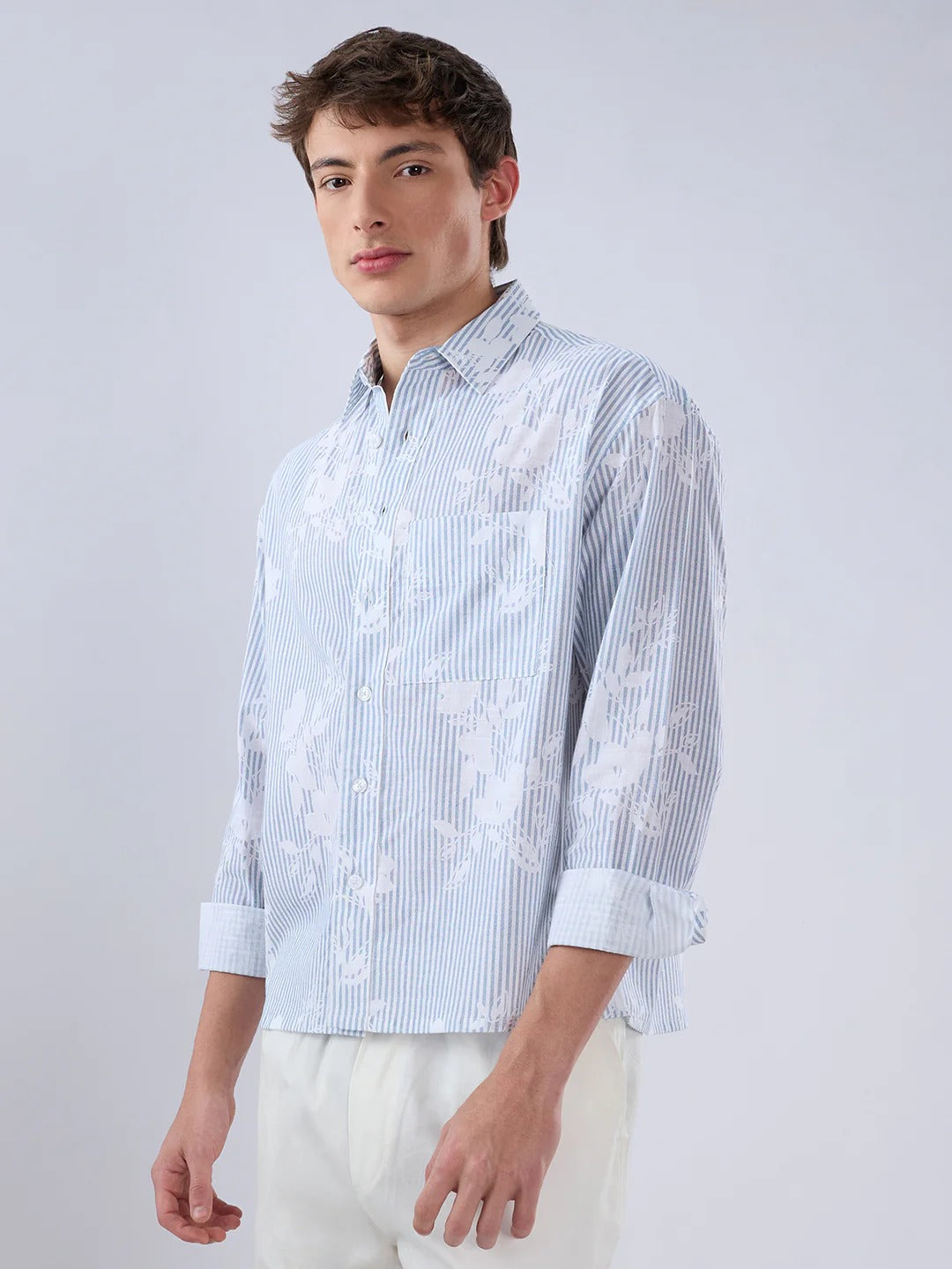 Palmera Modern Cotton Floral Boxy Fit Crop Shirt - Blue & Brown
