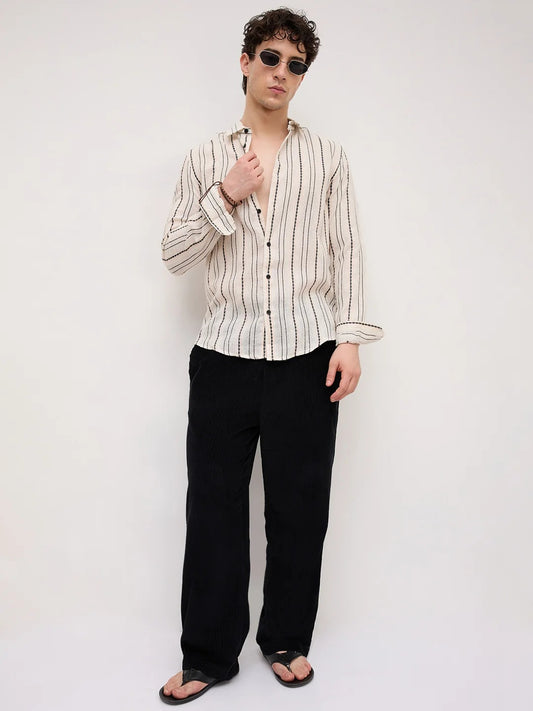 Sardinia Burlap Cotton Striped Dobby Shirt - Ivory