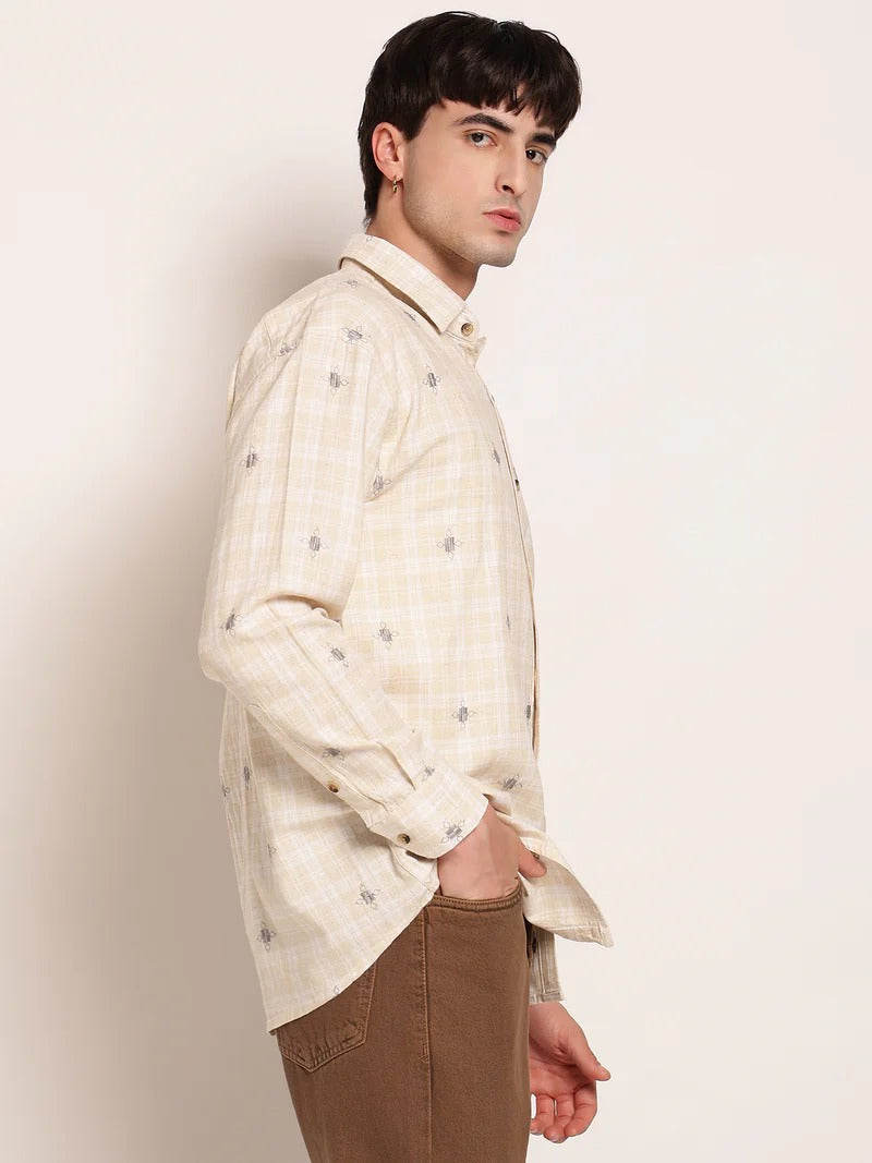 Tulum Tartan Check Embroidered Casual Men's Shirt - Beige