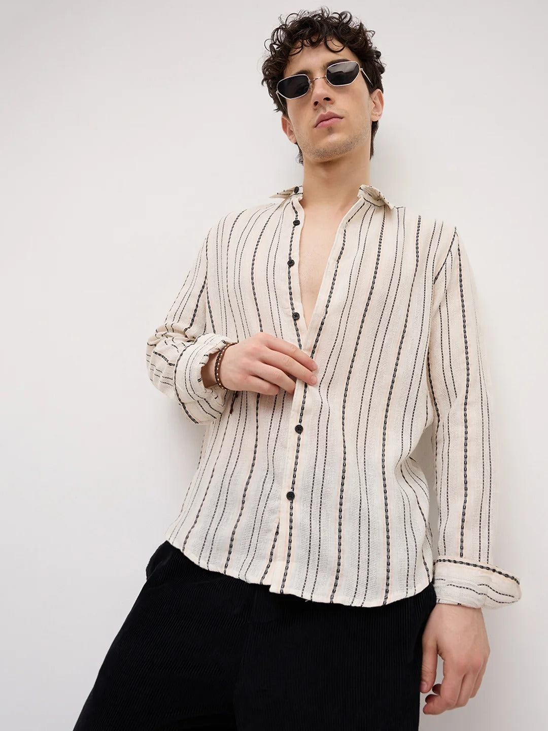 Sardinia Burlap Cotton Striped Dobby Shirt - Ivory