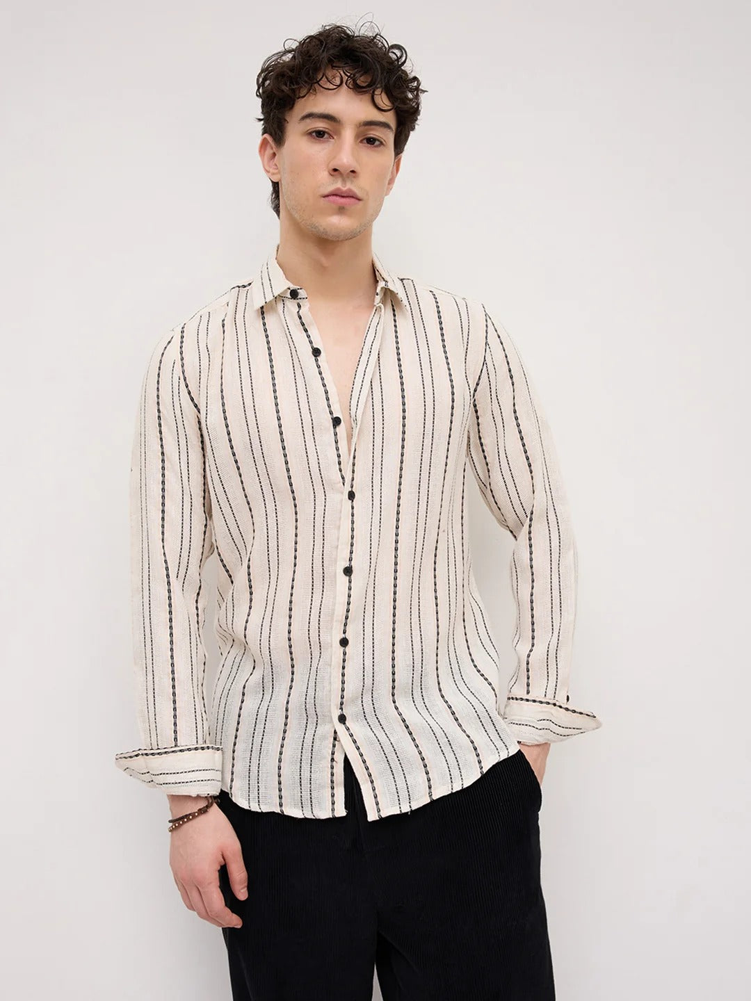 Sardinia Burlap Cotton Striped Dobby Shirt - Ivory