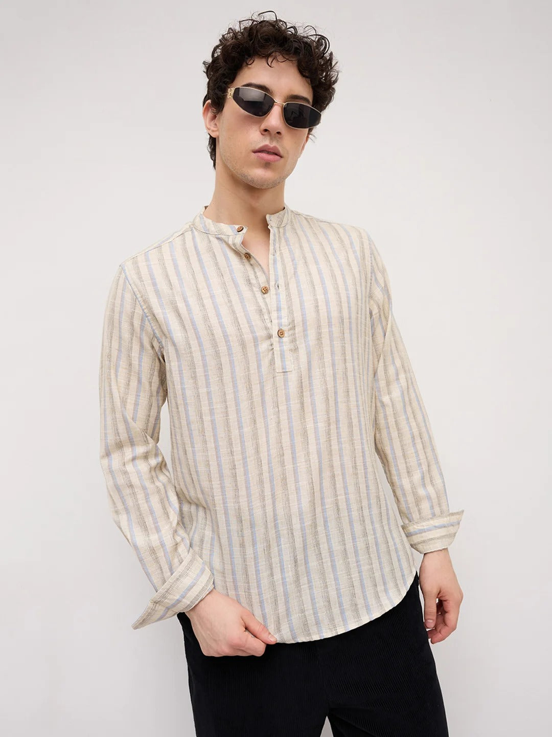 Stone Handloom Henley Style Striped Shirt - Beige
