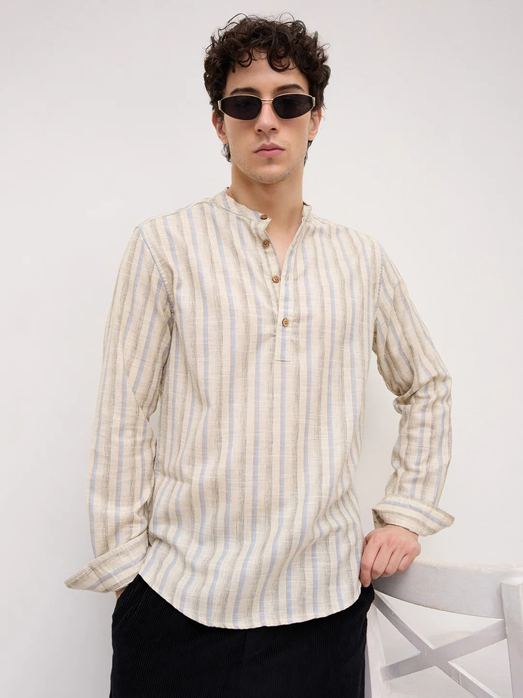 Stone Handloom Henley Style Striped Shirt - Beige