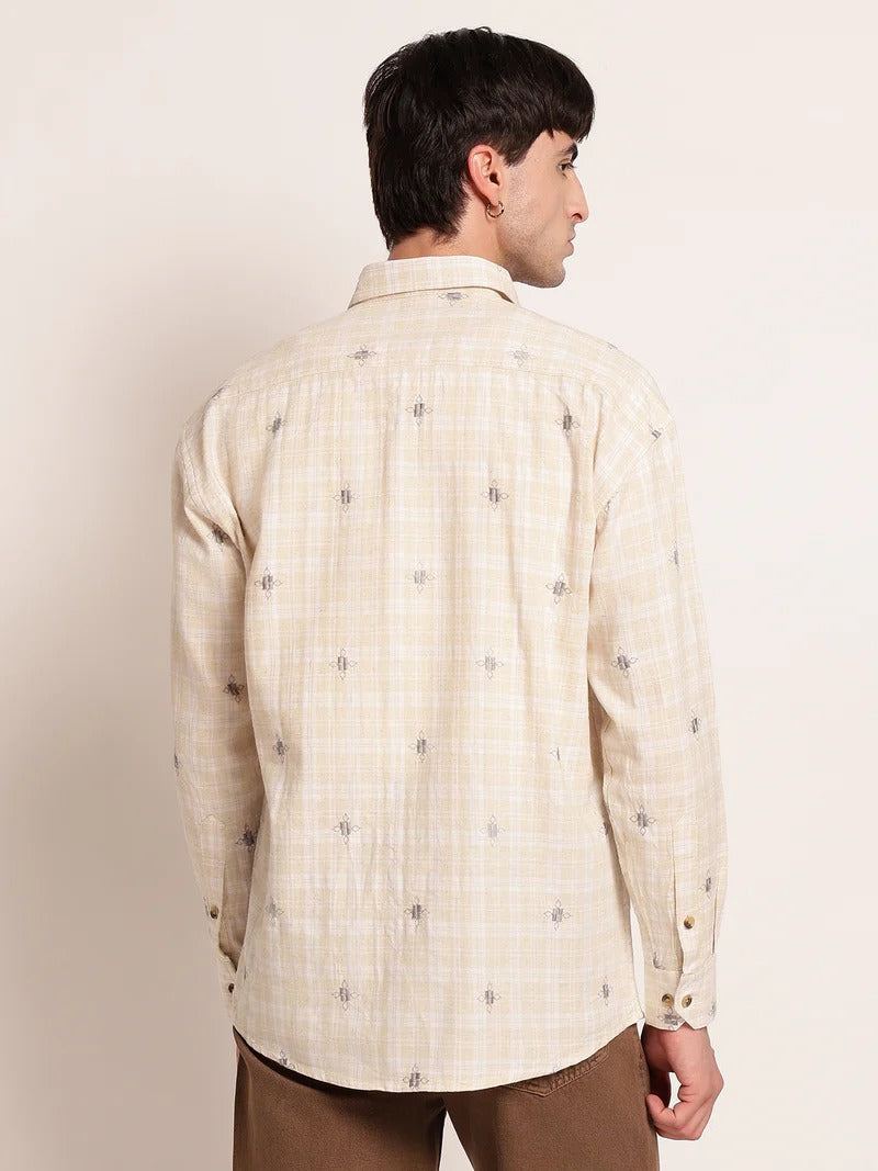 Tulum Tartan Check Embroidered Casual Men's Shirt - Beige